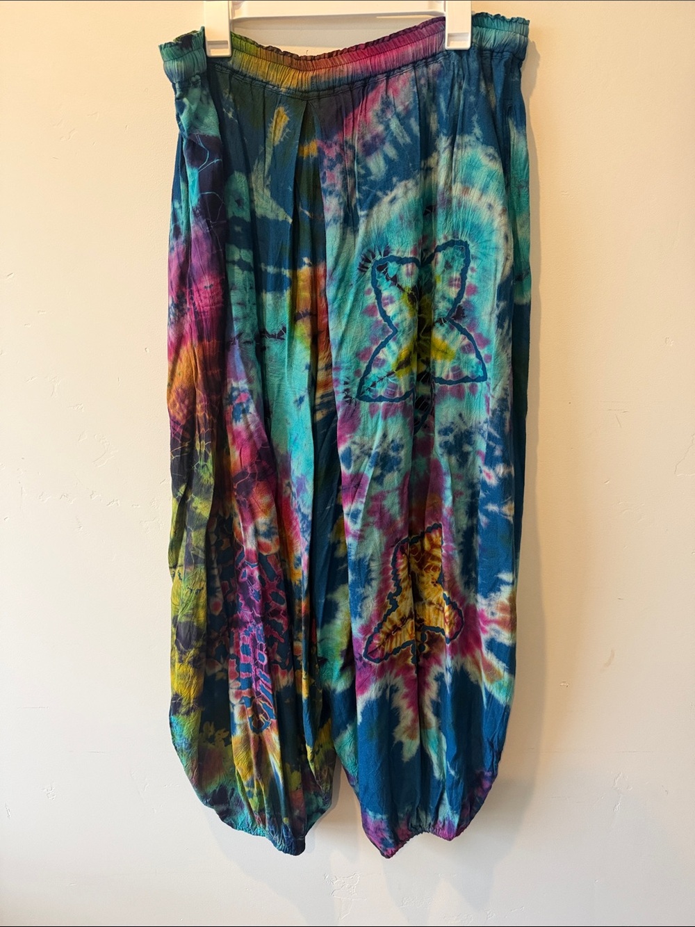Wide-Leg Tie-Dye Harem Pants in Teal & Multicolor